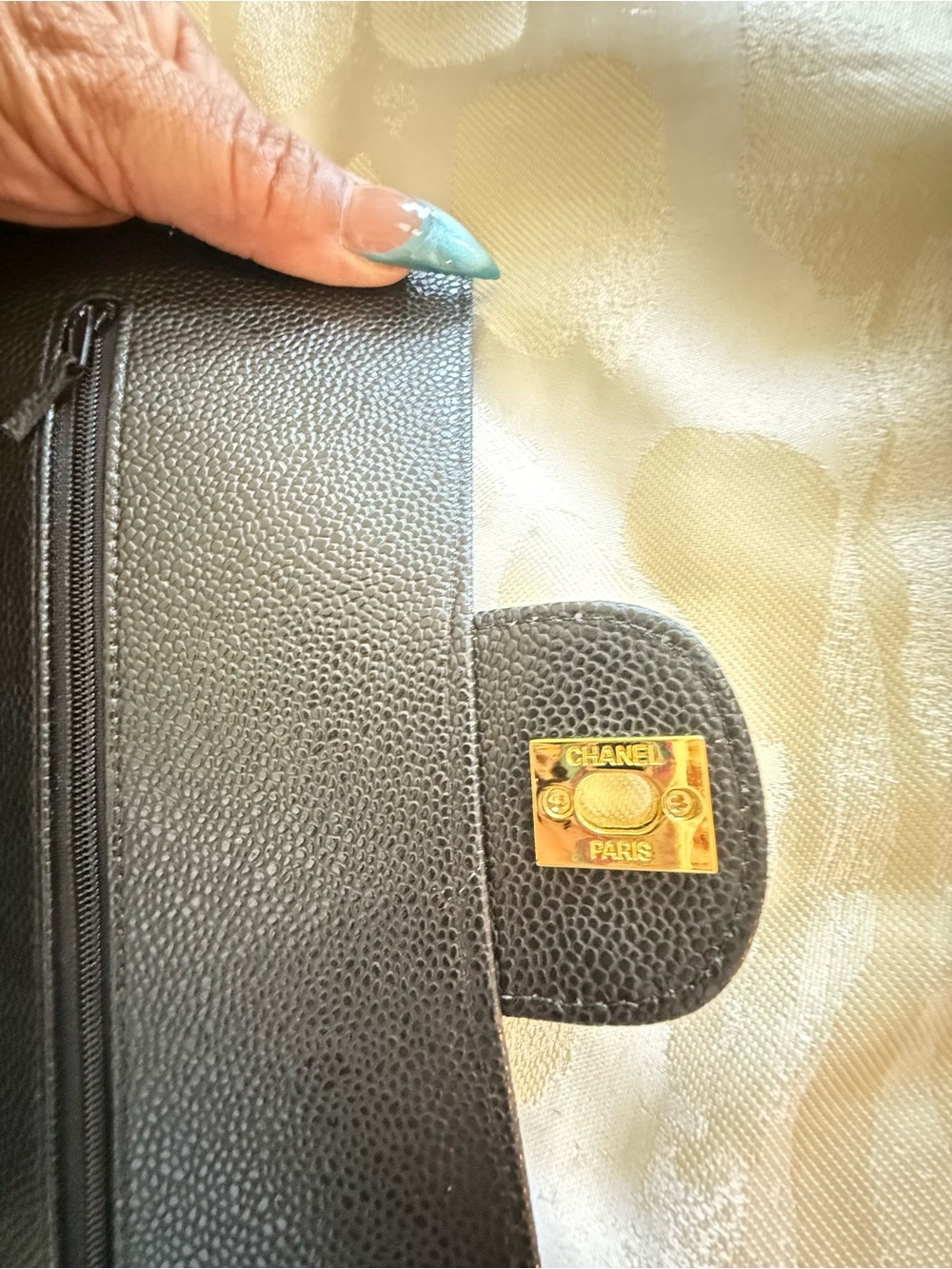 Black Quilted Caviar Leather Shoulder Bag with Shiny Gold Hardware - Picture 13 of 14